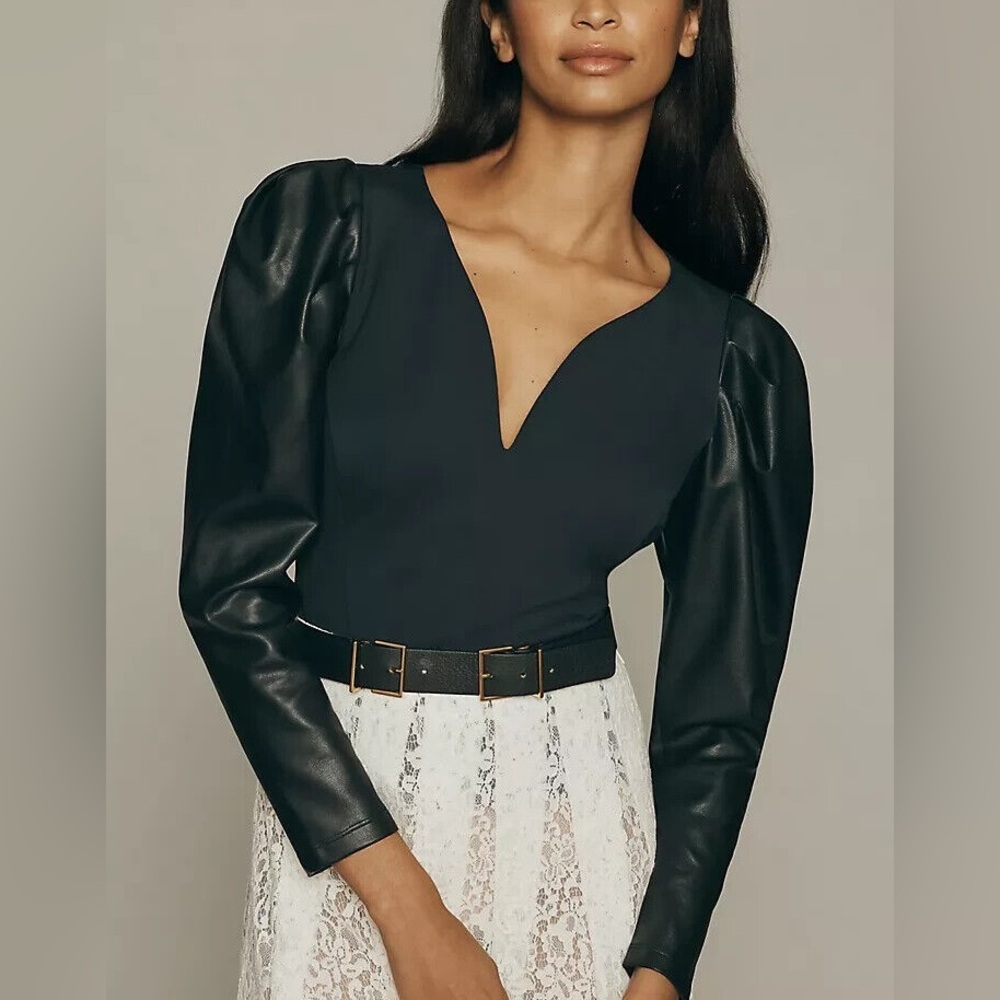 Anthropologie Faux Leather Puff Sleeve Top